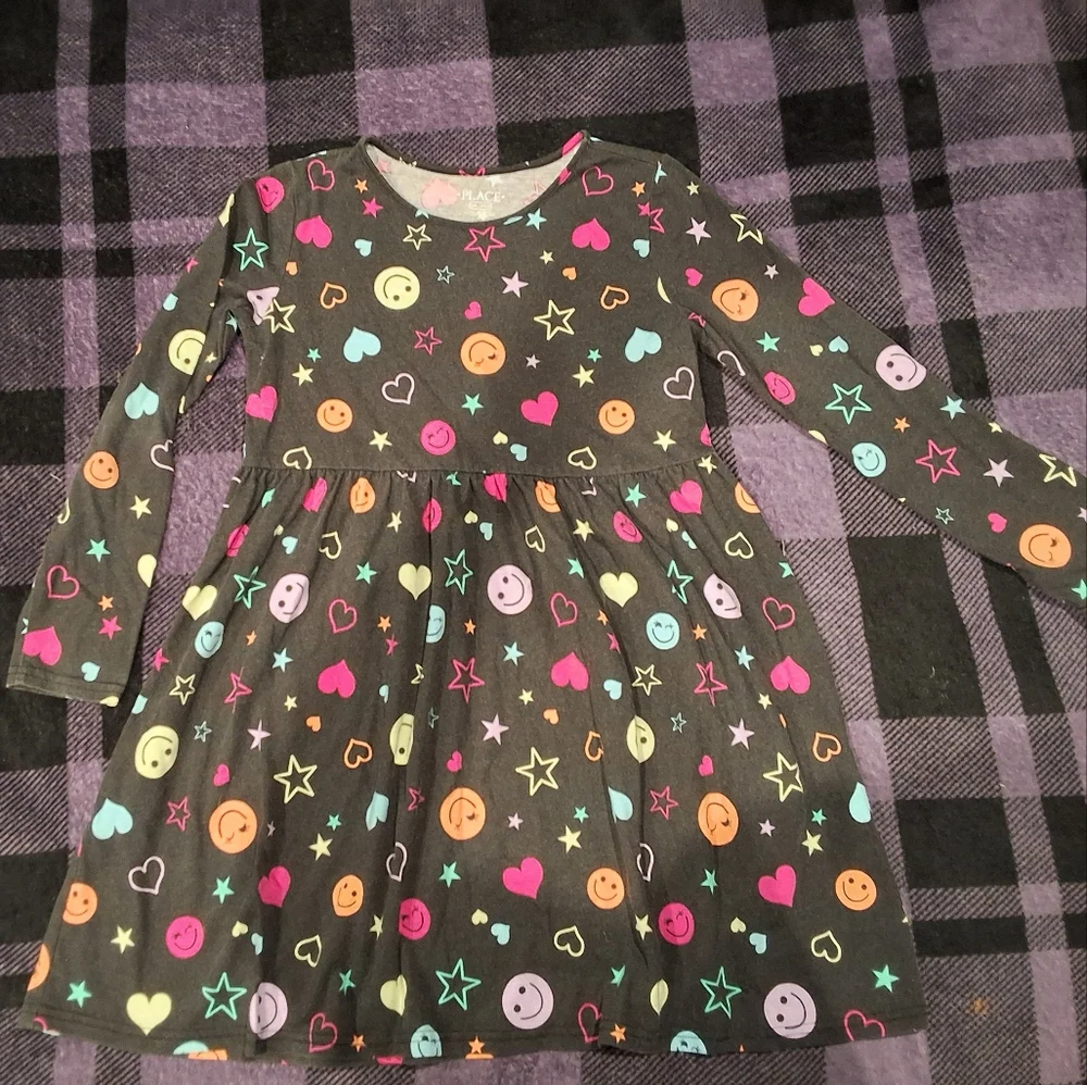 Girls' Black Smiley & Hearts Long Sleeve Dress